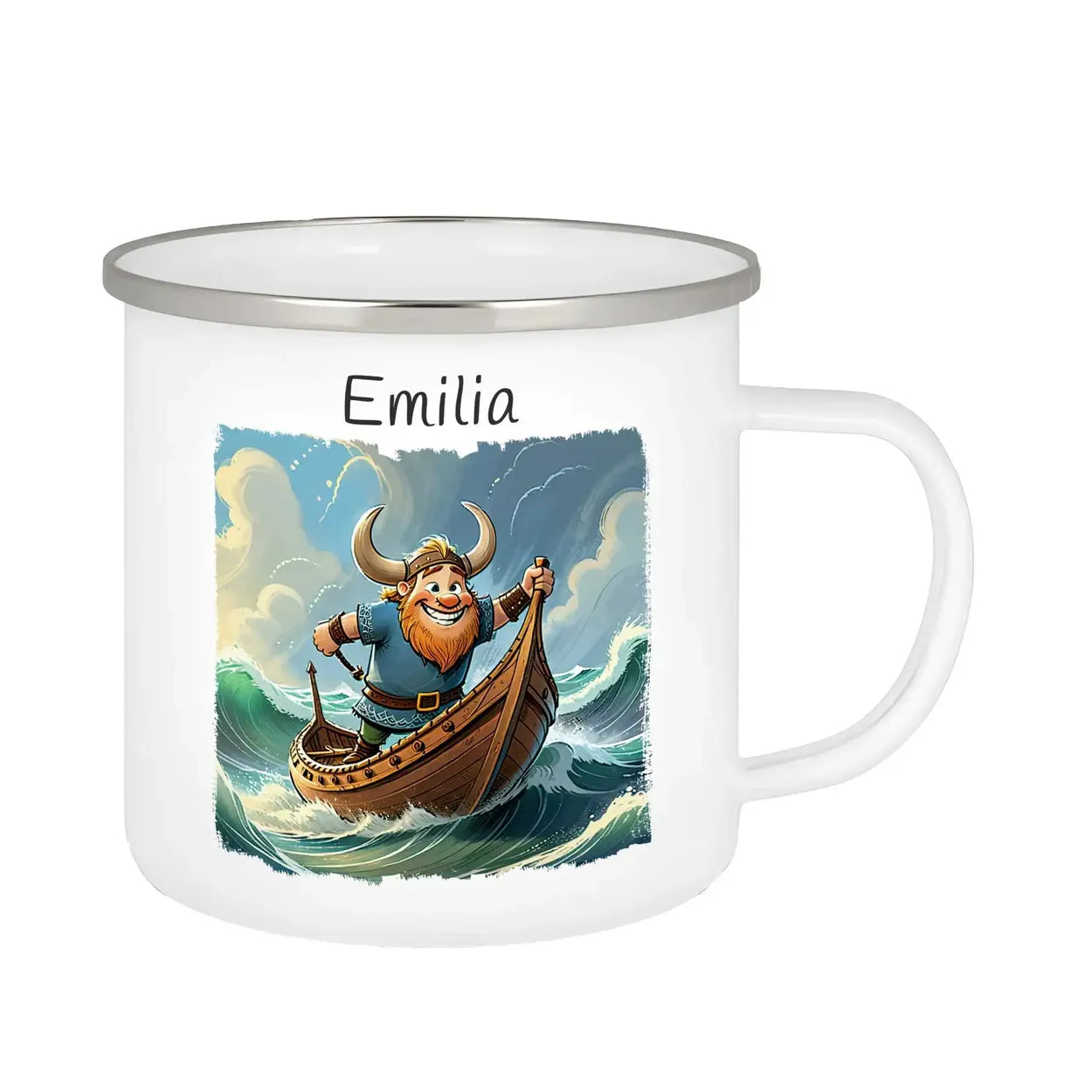 Personalisierte Kindertasse aus Emaille | Wikingerabenteuer | Emaille Tasse | Tierbilder Emailletasse Druckerino   