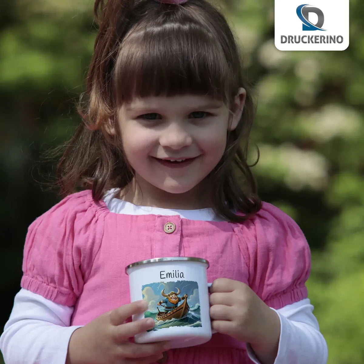 Wikingerabenteuer Emaille Tasse für Kinder personalisiert Emailletasse Druckerino   