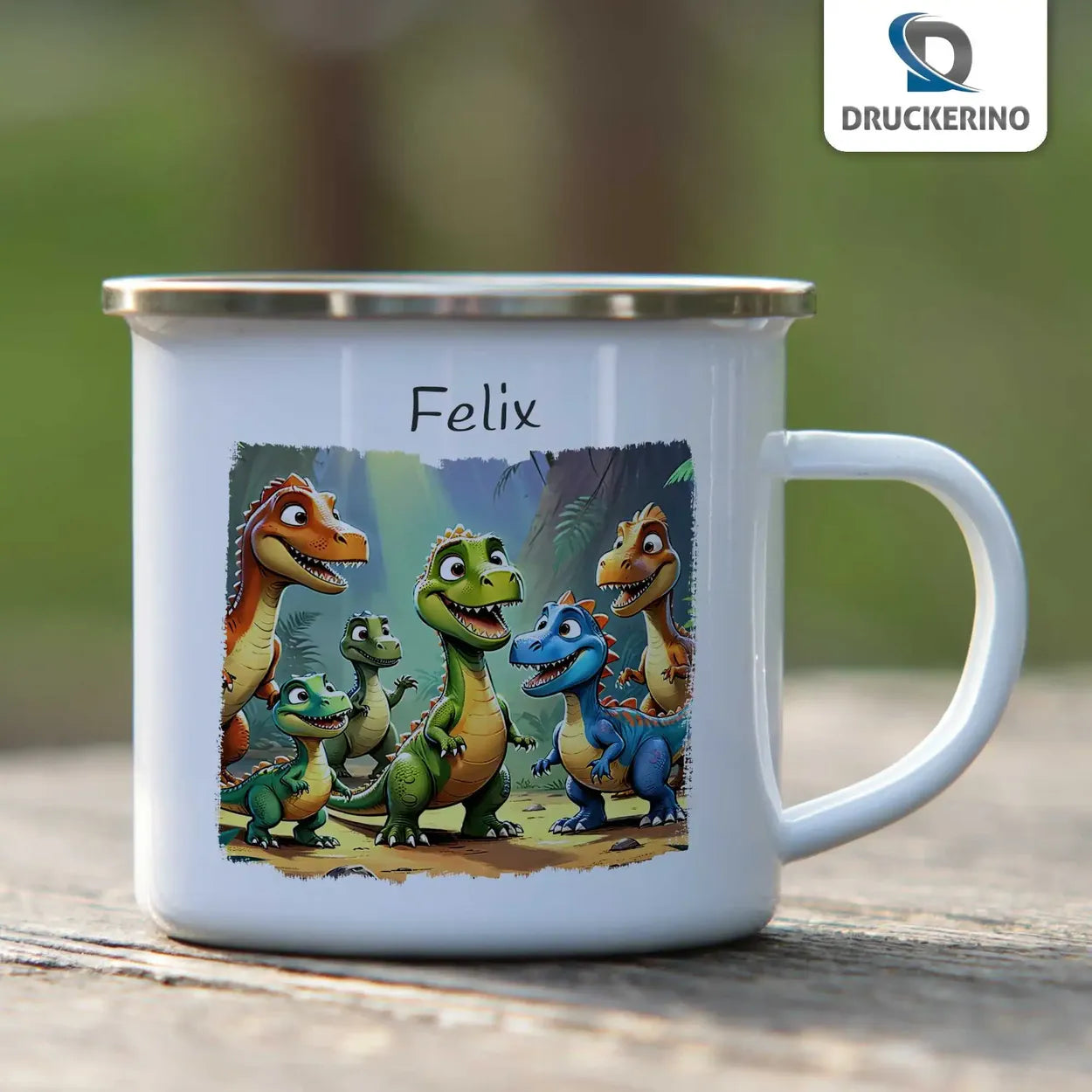 Trinkbecher aus Emaille | Dinosaurierfreunde | Emaille Tasse | Geschenk Kindergarten  Geschenkidee Weihnachten