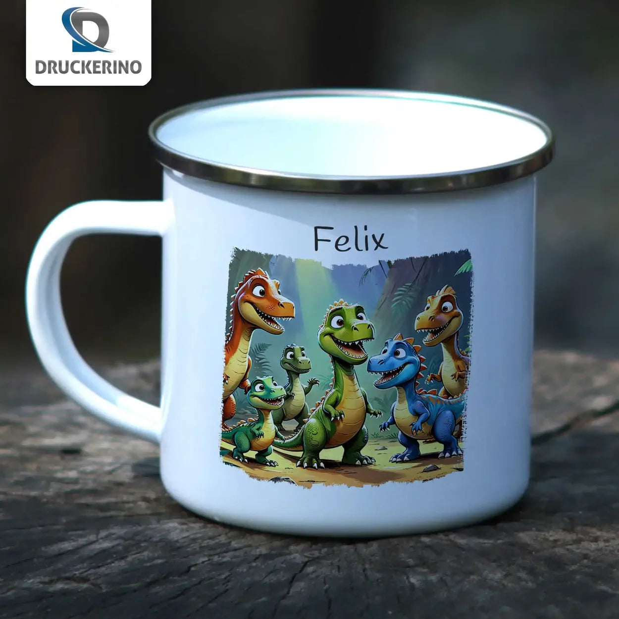 Trinkbecher aus Emaille | Dinosaurierfreunde | Emaille Tasse | Geschenk Kindergarten  Geschenkidee Weihnachten