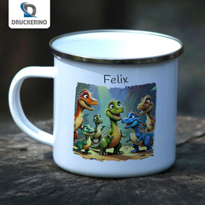 Trinkbecher aus Emaille | Dinosaurierfreunde | Emaille Tasse | Geschenk Kindergarten  Geschenkidee Weihnachten