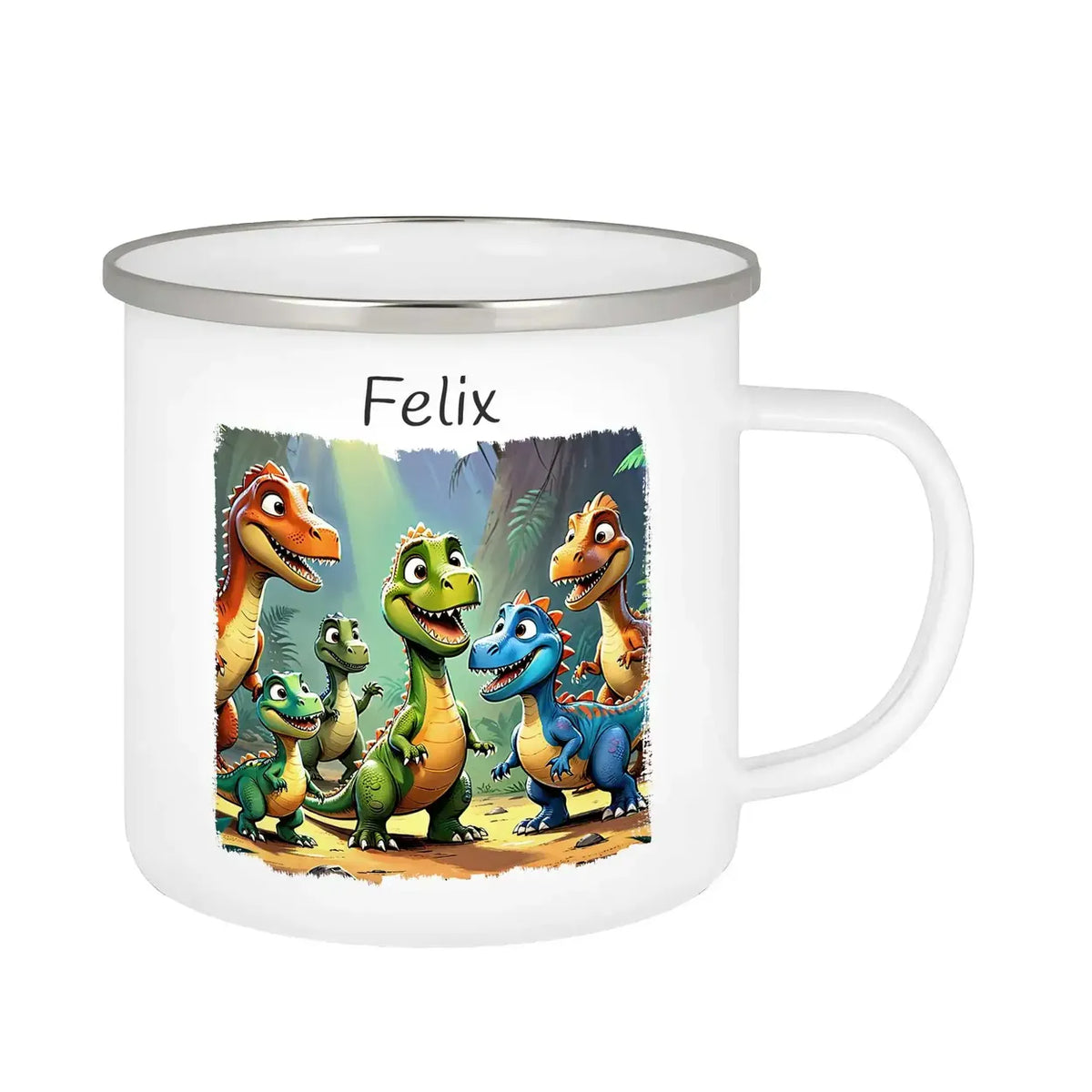 Dinosaurierfreunde Emaille Tasse für Kinder personalisiert Emailletasse Druckerino   