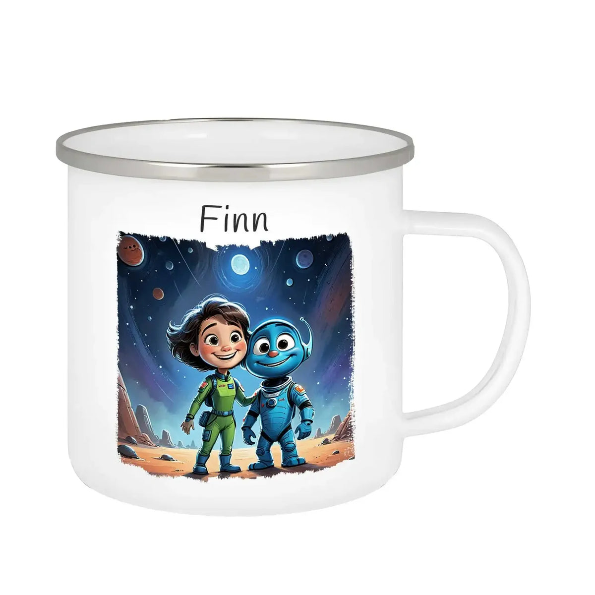 Weltraumfreunde Emaille Tasse für Kinder personalisiert Emailletasse Druckerino   