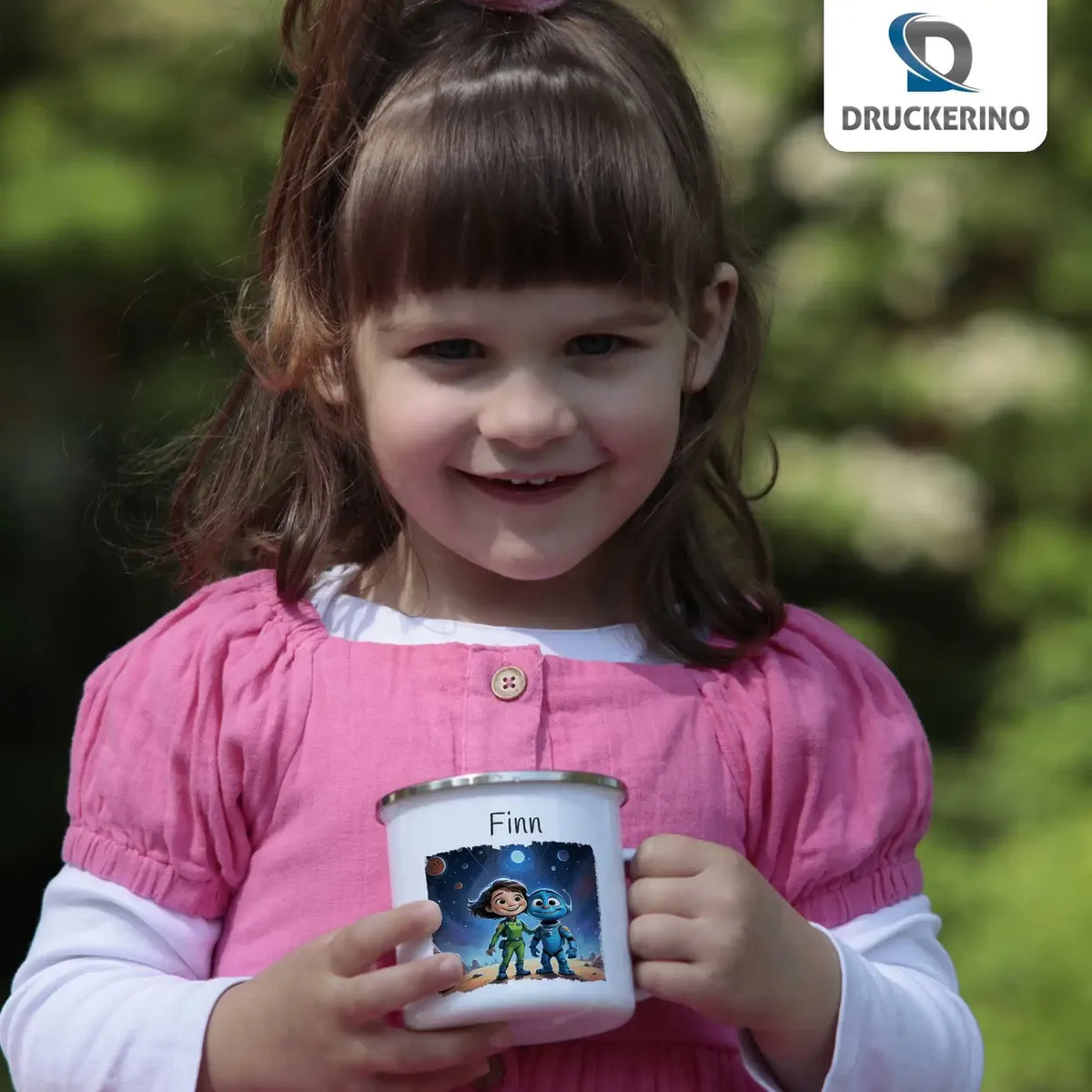 Weltraumfreunde Emaille Tasse für Kinder personalisiert Emailletasse Druckerino   