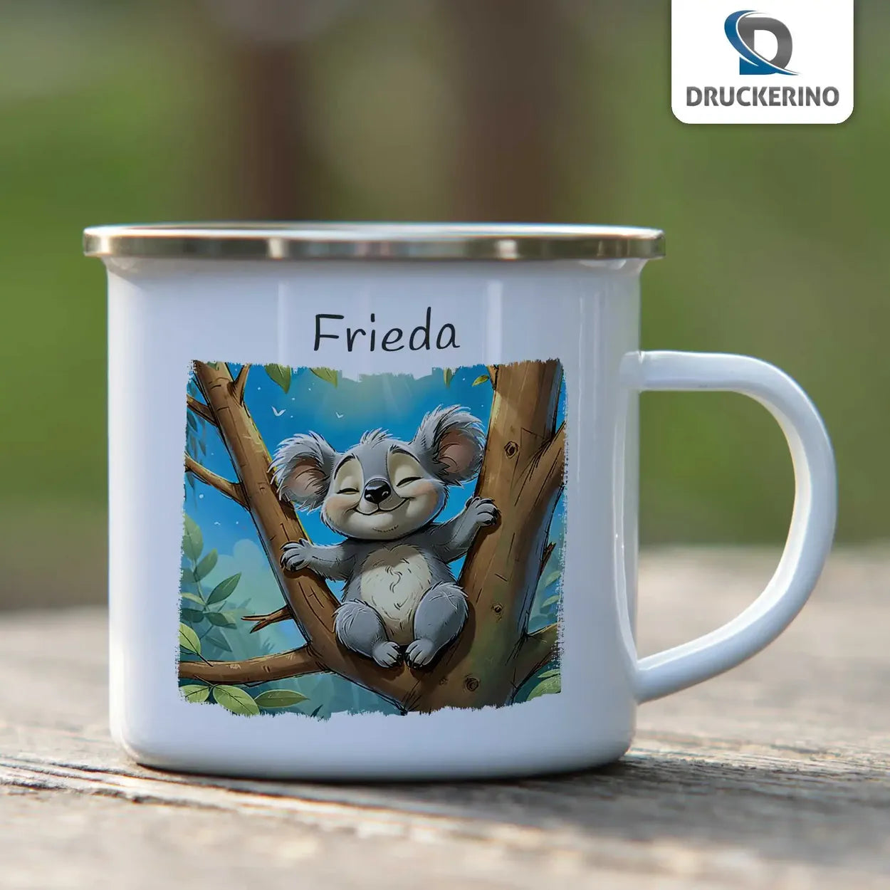 Abenteuer Koala Emaille Tasse für Kinder personalisiert Emailletasse Druckerino   