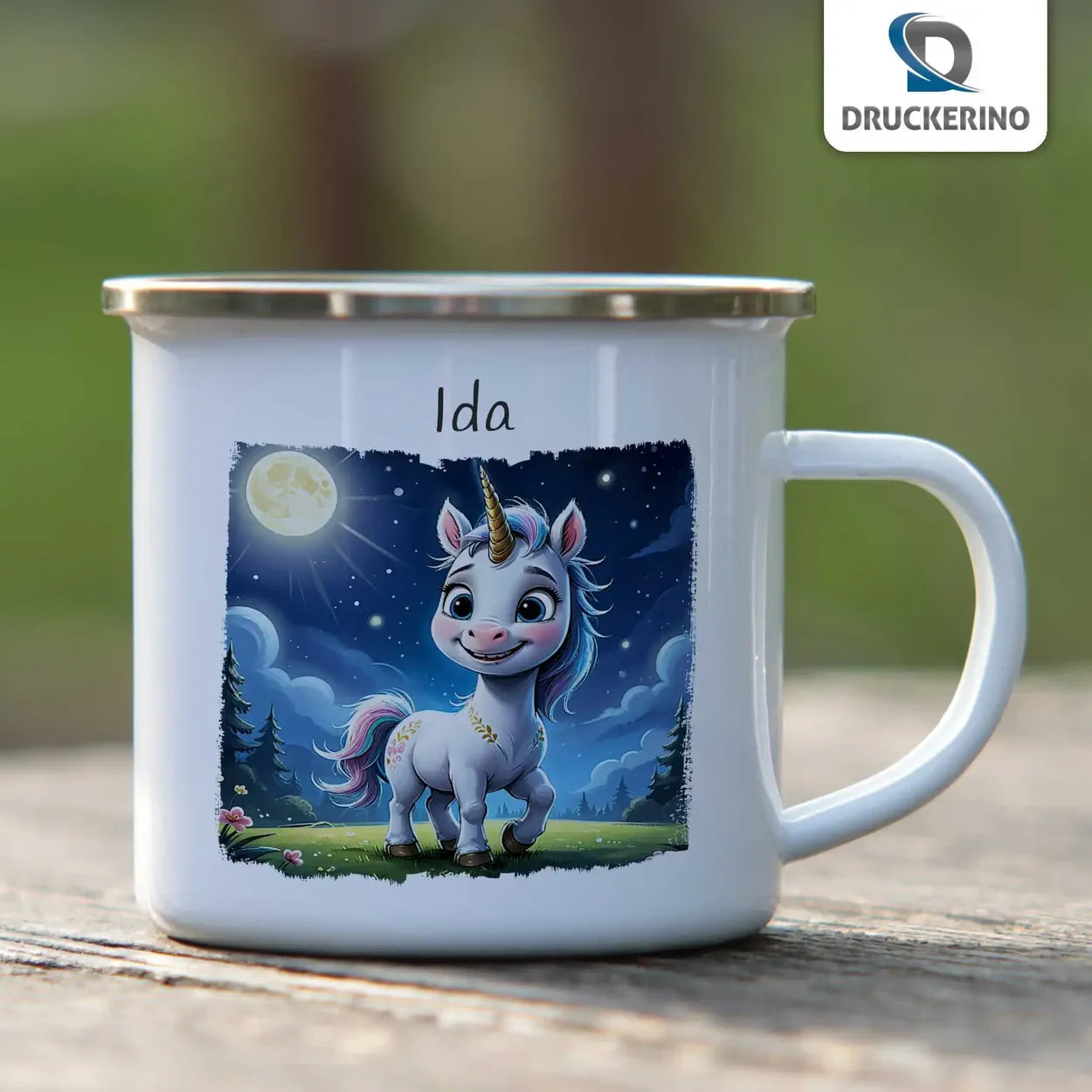 Emaille Tasse personalisiert mit Namen | Zauberhaftes Einhorn | Tassen personalisieren | Geschenk personalisier Emailletasse Druckerino   