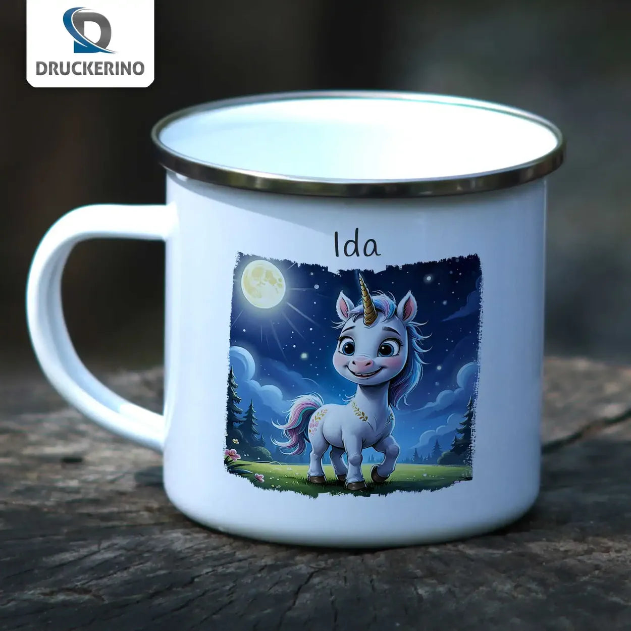 Emaille Tasse personalisiert mit Namen | Zauberhaftes Einhorn | Tassen personalisieren | Geschenk personalisier Emailletasse Druckerino   