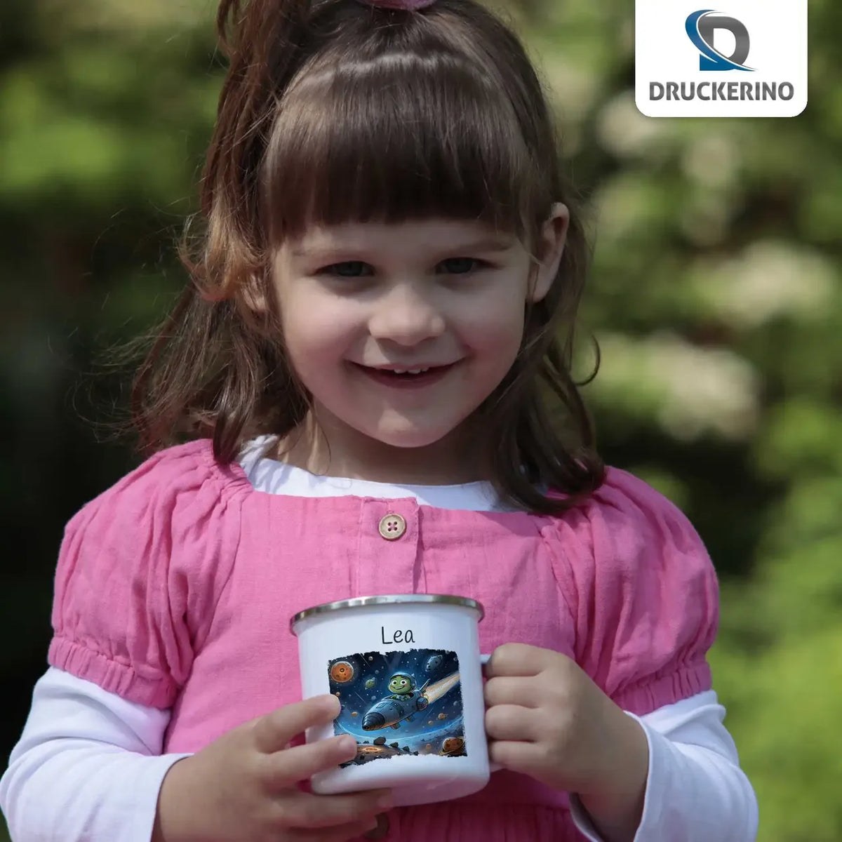 Weltraumabenteuer-Emaille Tasse für Kinder personalisiert Emailletasse Druckerino   