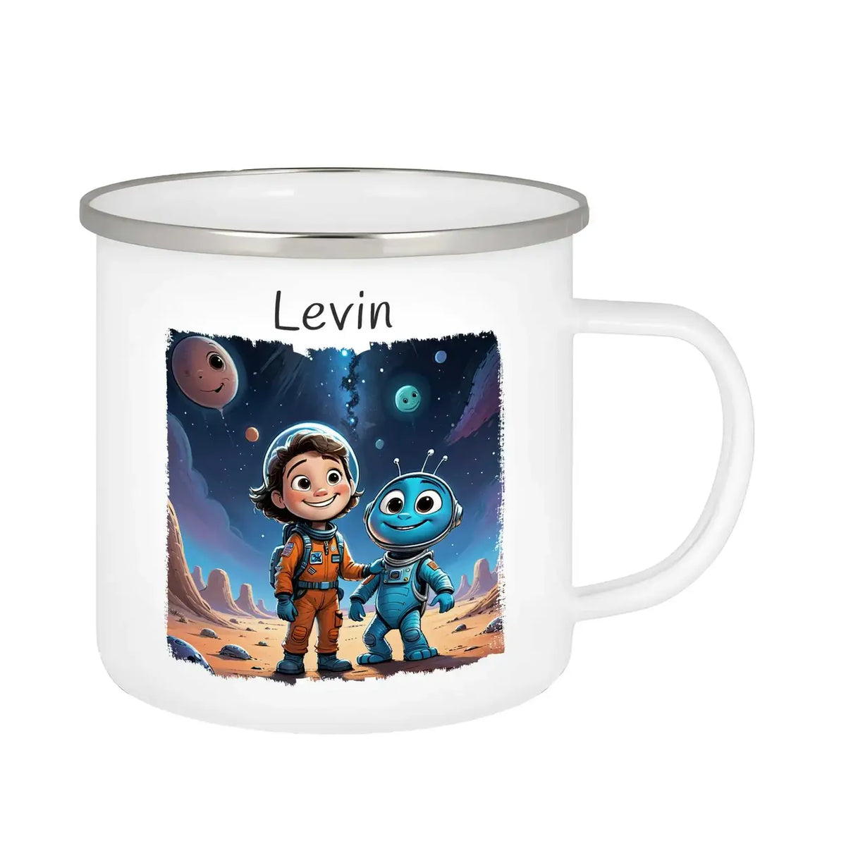 Kleine Weltraumhelden Emaille Tasse für Kinder personalisiert Emailletasse Druckerino   