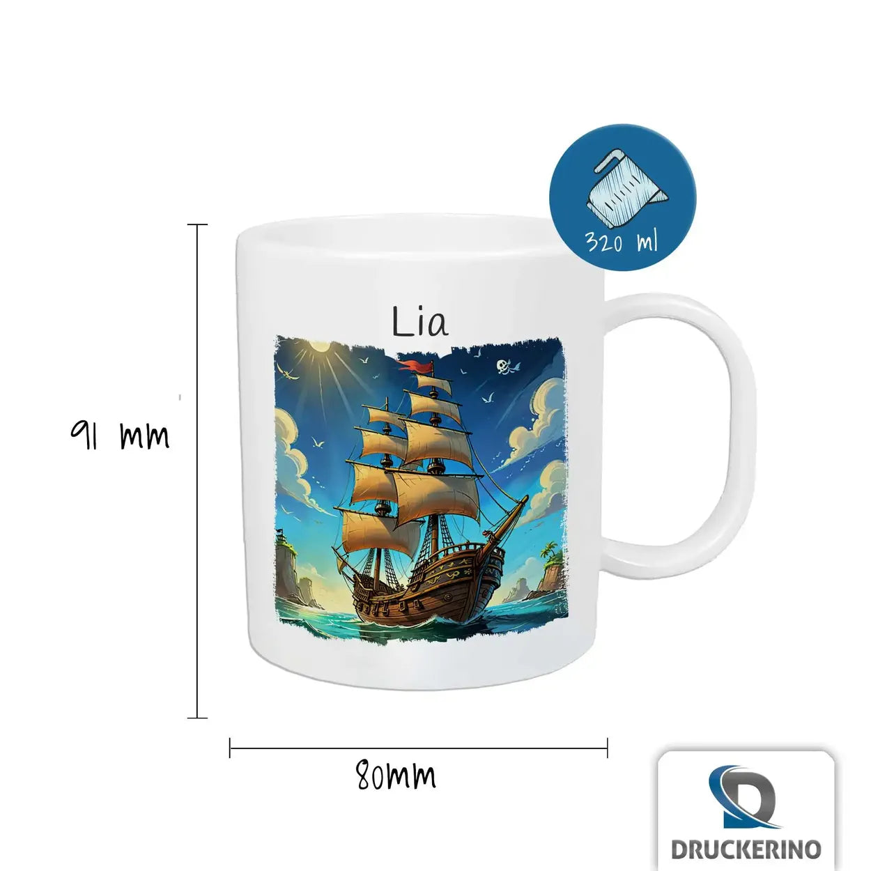 Personalisierte Tasse Kinder | Segelschiff-Abenteuer | personalisierbare Kindergeschenke | Kindertasse frei von BPA | 320ml Kunststofftassen Druckerino   