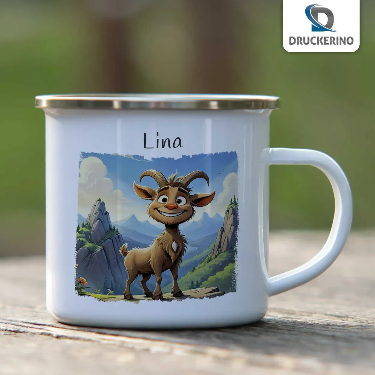 Personalisierte Kindertasse aus Emaille | Abenteuer Ziege | personalisierte Kindertassen | Einschulung Geschenk  Geschenkidee Weihnachten