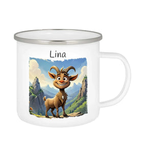 Personalisierte Kindertasse aus Emaille | Abenteuer Ziege | personalisierte Kindertassen | Einschulung Geschenk  Geschenkidee Weihnachten