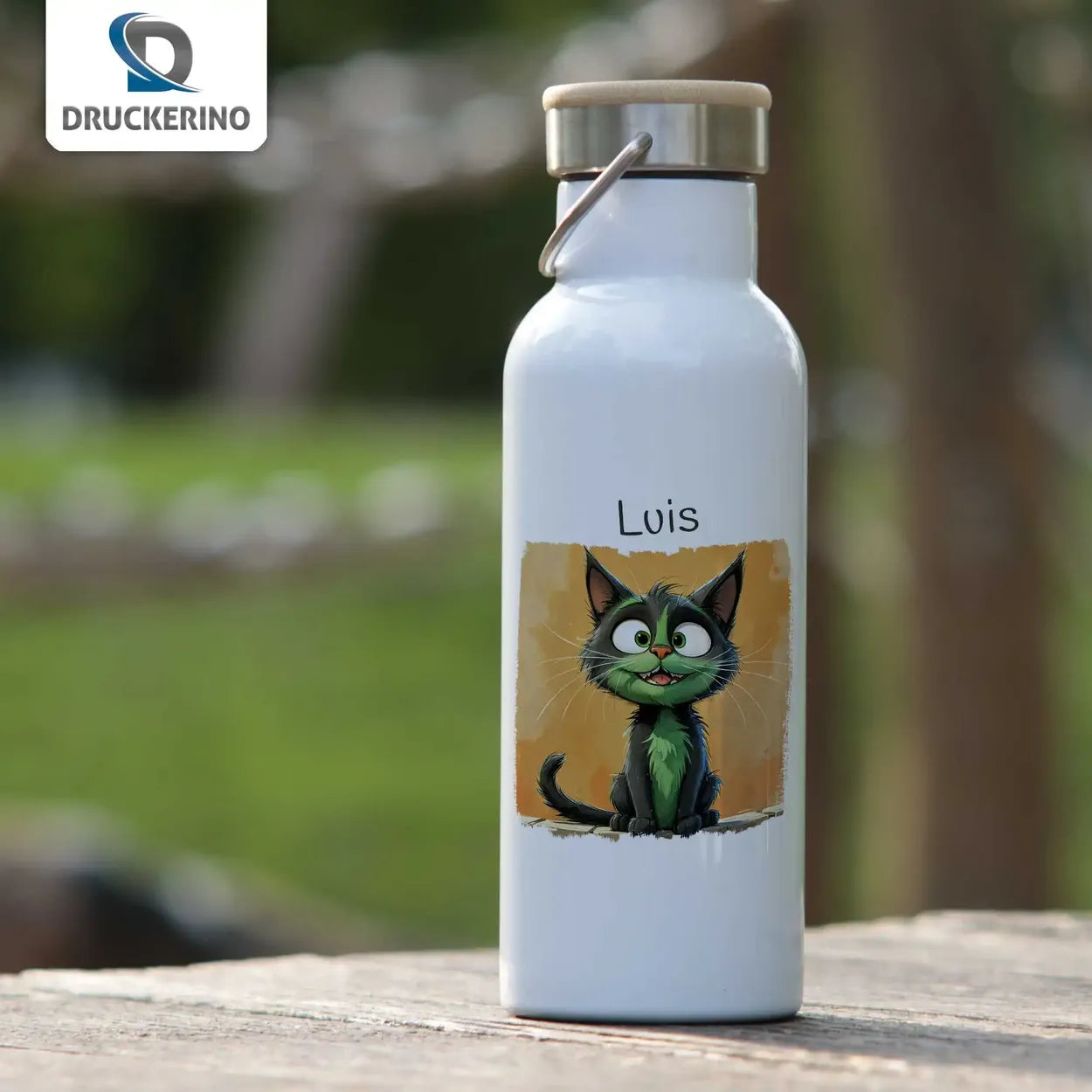 Abenteuerkatze Thermo Trinkflasche für Kinder personalisiert Thermoflasche Druckerino   