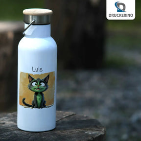 Abenteuerkatze Thermo Trinkflasche für Kinder personalisiert Thermoflasche Druckerino   