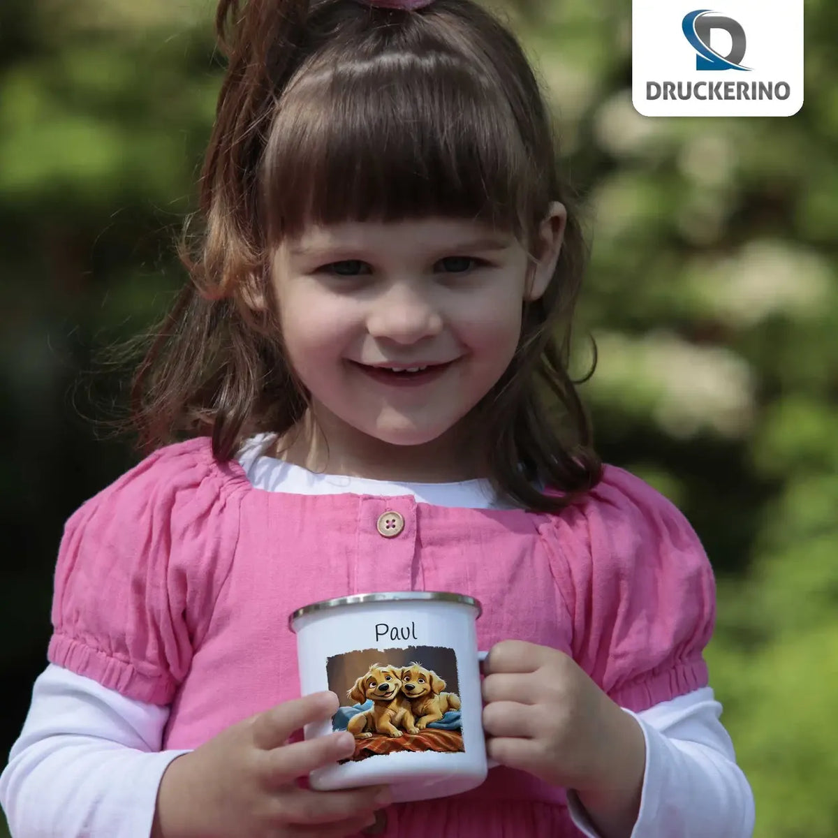 Welpenglück Emaille Tasse für Kinder personalisiert Emailletasse Druckerino   