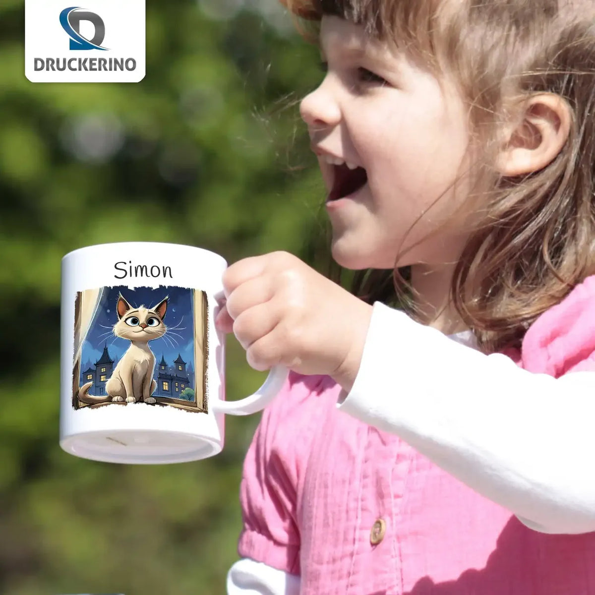 Abenteuerkätzchen - Kindertasse mit Namen - Tasse personalisiert Kunststofftassen Druckerino   