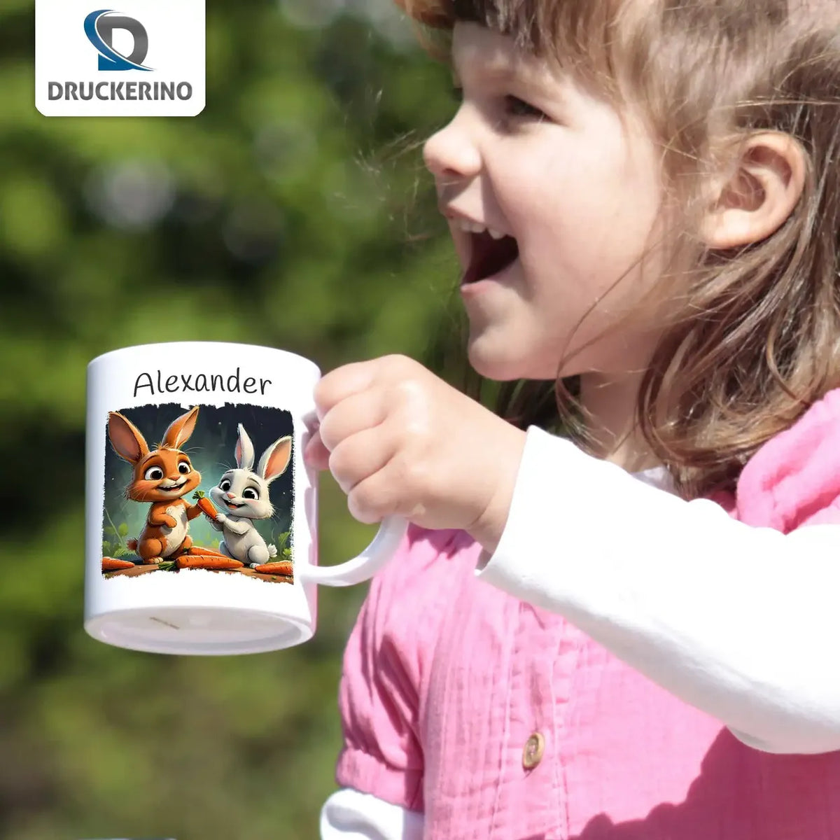 Personalisierte Tasse Kinder | Hoppelnde Hasenfreunde | personalisierbare Kindergeschenke | Kindertasse frei von BPA | 320ml Kunststofftassen Druckerino   