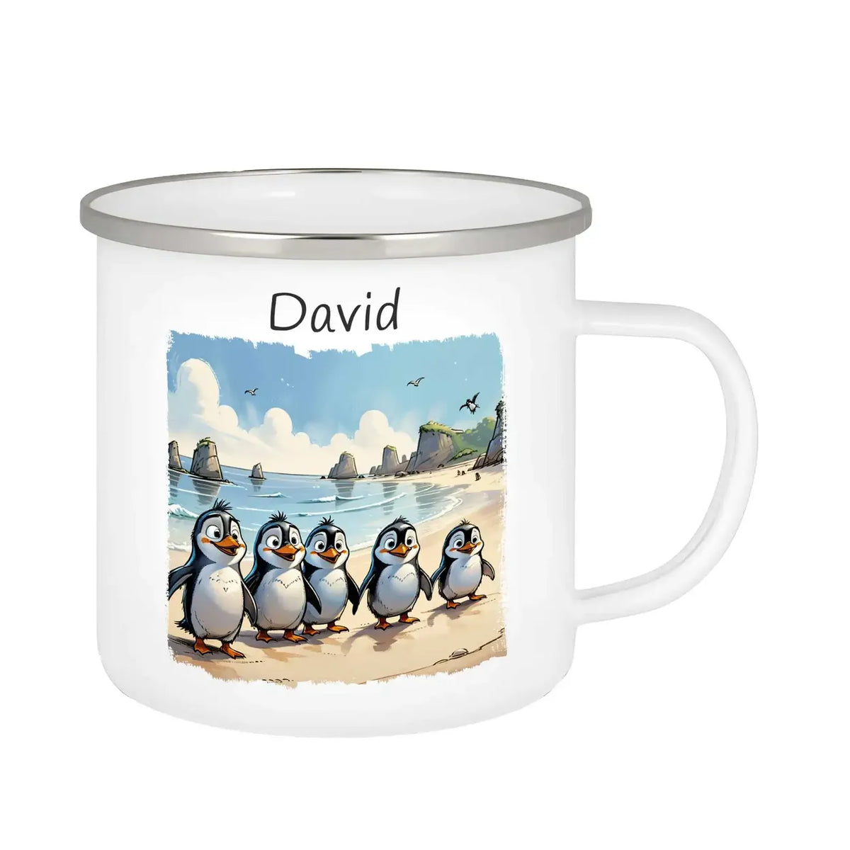 Emaille Tasse personalisiert mit Namen | Pinguin-Abenteuer | Tasse personalisieren | Geschenke zur Taufe Emailletasse Druckerino   