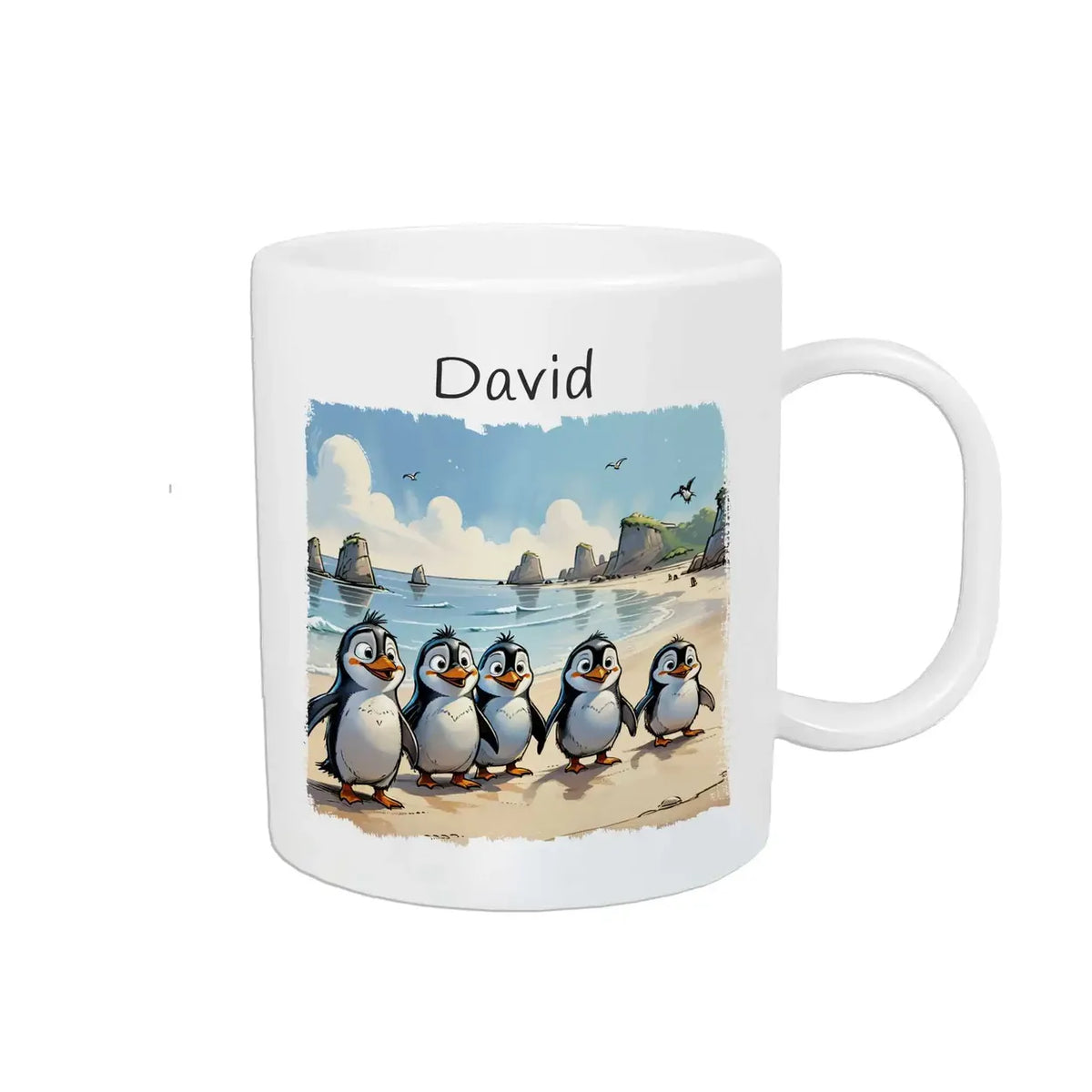 Tasse für Kinder | Pinguin-Strandabenteuer | Einschulung Geschenk | Geschenk personalisiert | 320ml Kunststofftassen Druckerino   