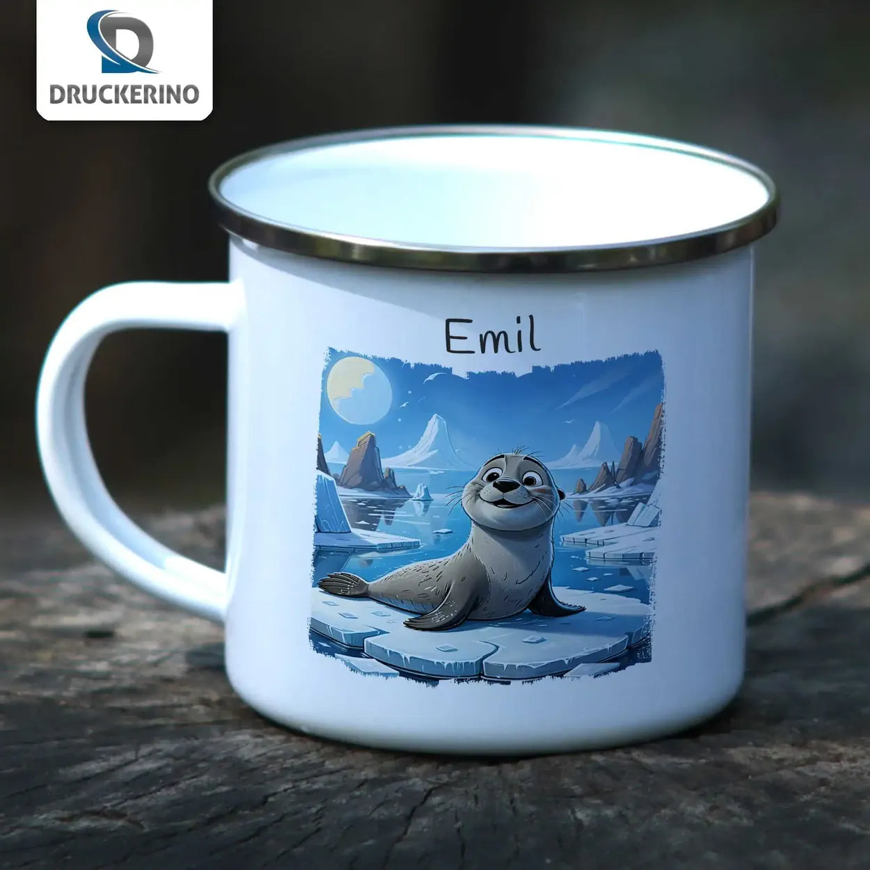 Arktisches Abenteuer Emaille Tasse für Kinder personalisiert Emailletasse Druckerino   