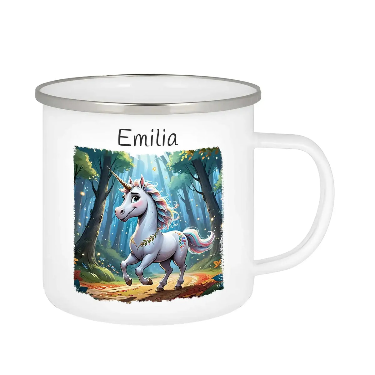 Tasse aus Emaille | Zauberwald Einhorn | Tassen personalisieren | Geschenk personalisier Emailletasse Druckerino   