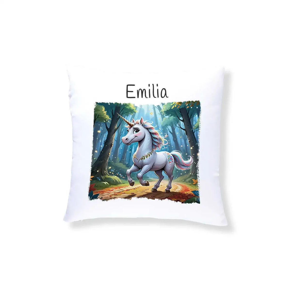 Kissen personalisiert mit Name | Traumwald-Einhorn | Abschiedsgeschenke im Kindergarten | Kuschelkissen Tiere | 40x40 cm Kissen Druckerino   