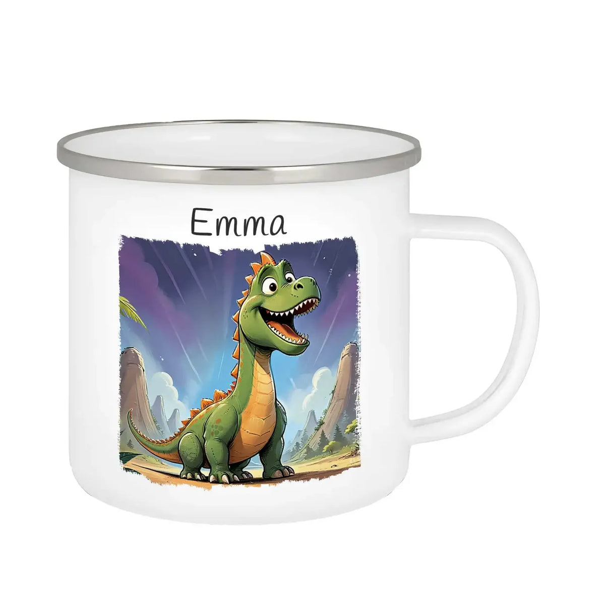 Tasse aus Emaille | Dinofreund | Tasse personalisieren | Geschenke zur Taufe Emailletasse Druckerino   