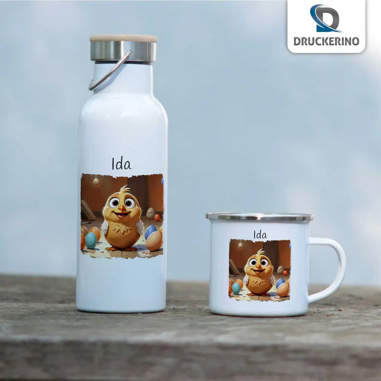 Personalisierte Kindertasse aus Emaille | Kükenglück | Emaille Tasse | Tierbilder Emailletasse Druckerino   