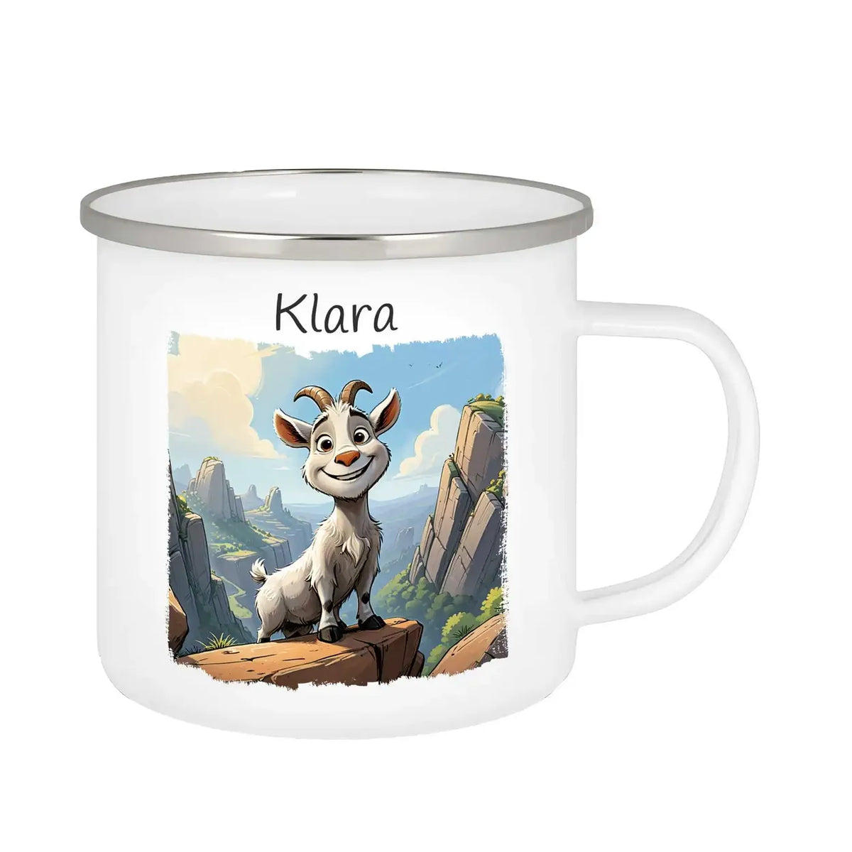 Kindertasse | Abenteuer Ziege | personalisierte Tasse Kinder | Emailletasse | süße Tierbilder Emailletasse Druckerino   