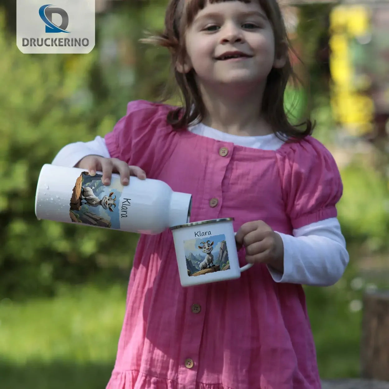 Abenteuer Ziege Emaille Tasse für Kinder personalisiert Emailletasse Druckerino   
