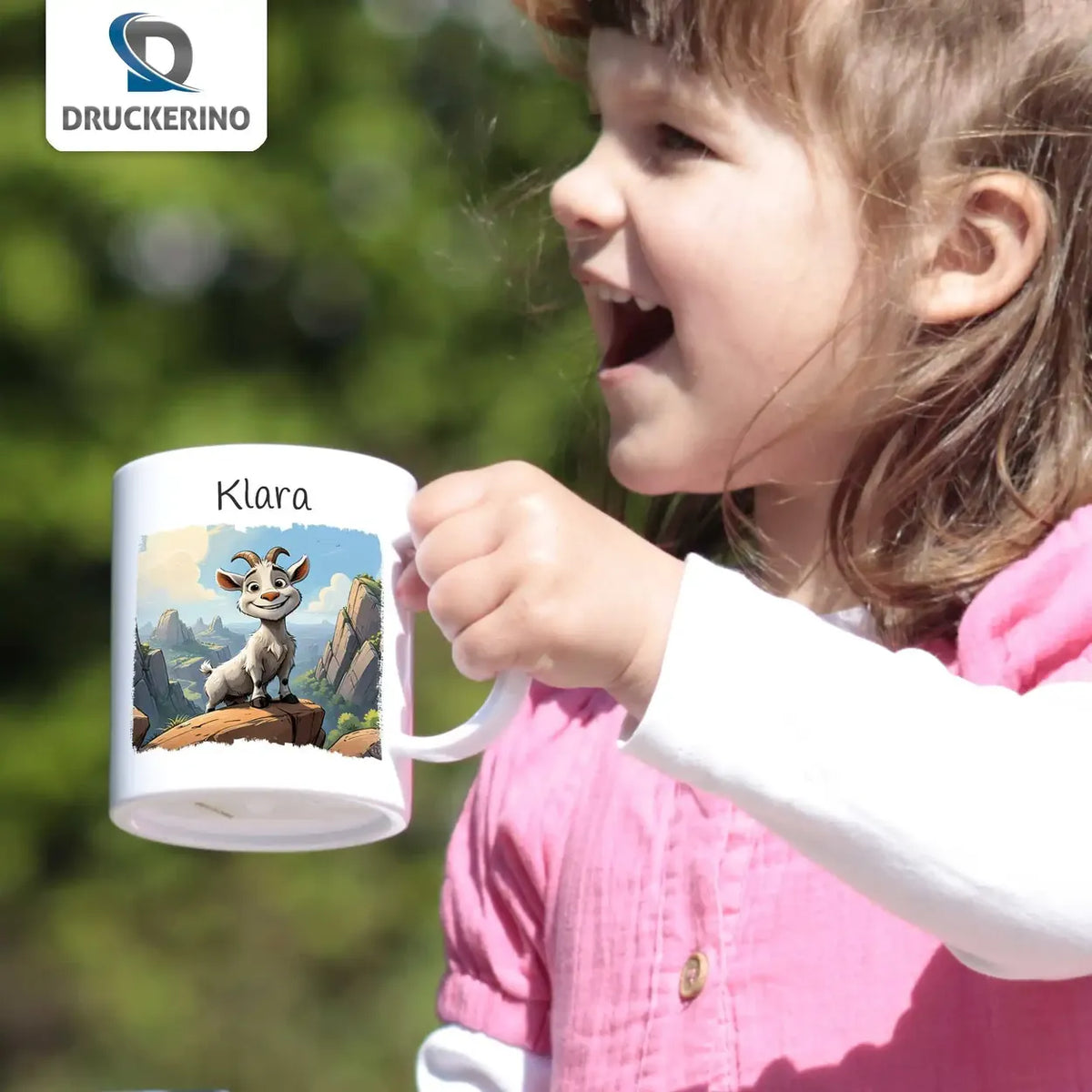 Tasse mit Namen | Abenteuer Ziegenfreund | Tierbilder | personalisierte Tasse Kinder | 320ml Kunststofftassen Druckerino   