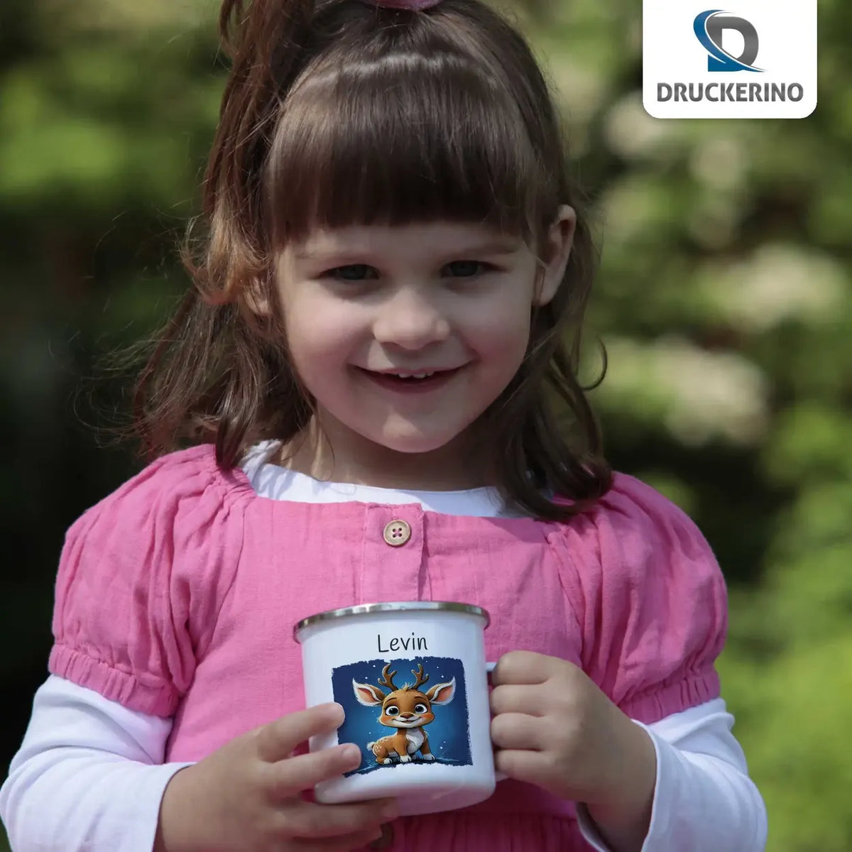 Abenteuerreise der kleinen Tiere Emaille Tasse für Kinder personalisiert Emailletasse Druckerino   