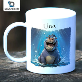 Tasse für Kinder | Wasserspaß Nilpferd | Einschulung Geschenk | Geschenk personalisiert | 320ml Kunststofftassen Druckerino   