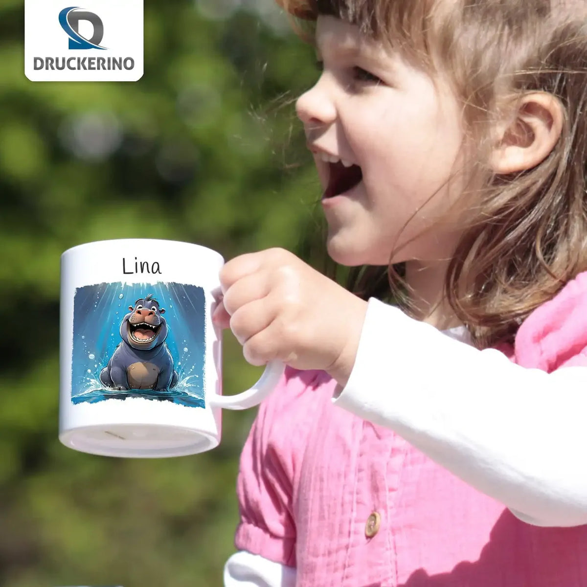 Wasserspaß Nilpferd - Kindertasse mit Namen - Tasse personalisiert Kunststofftassen Druckerino   
