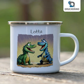 Tasse aus Emaille | Dino-Abenteuer | Tasse personalisieren | Geschenke zur Taufe  Geschenkidee Weihnachten