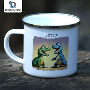 Tasse aus Emaille | Dino-Abenteuer | Tasse personalisieren | Geschenke zur Taufe  Geschenkidee Weihnachten