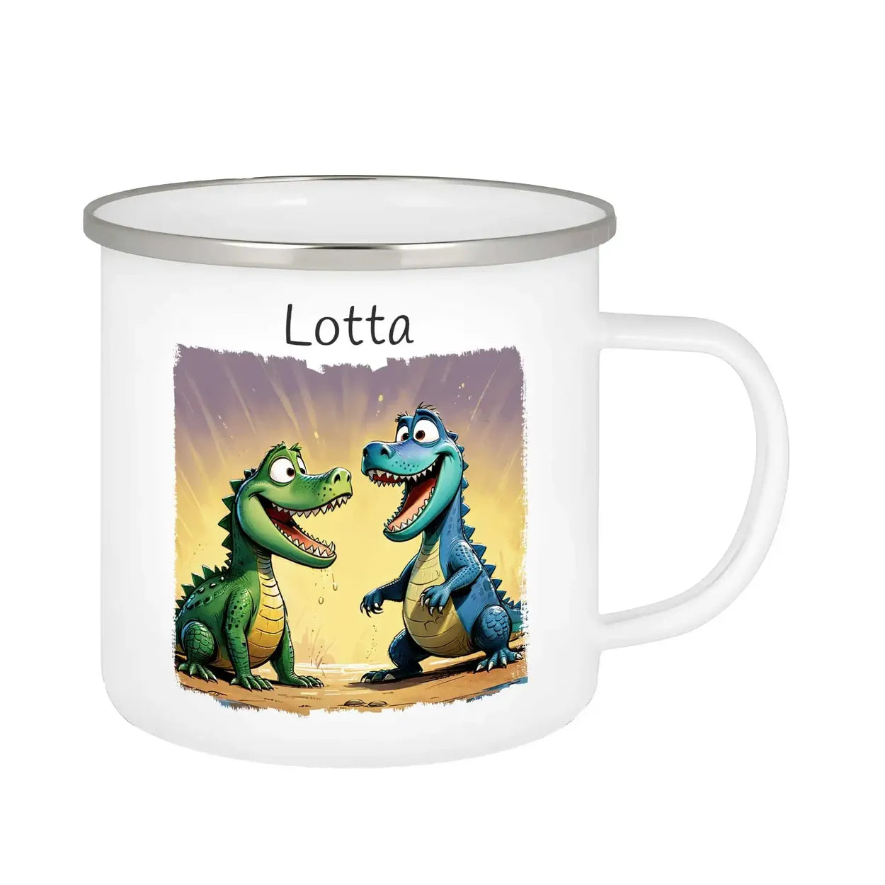 Tasse aus Emaille | Dino-Abenteuer | Tasse personalisieren | Geschenke zur Taufe  Geschenkidee Weihnachten