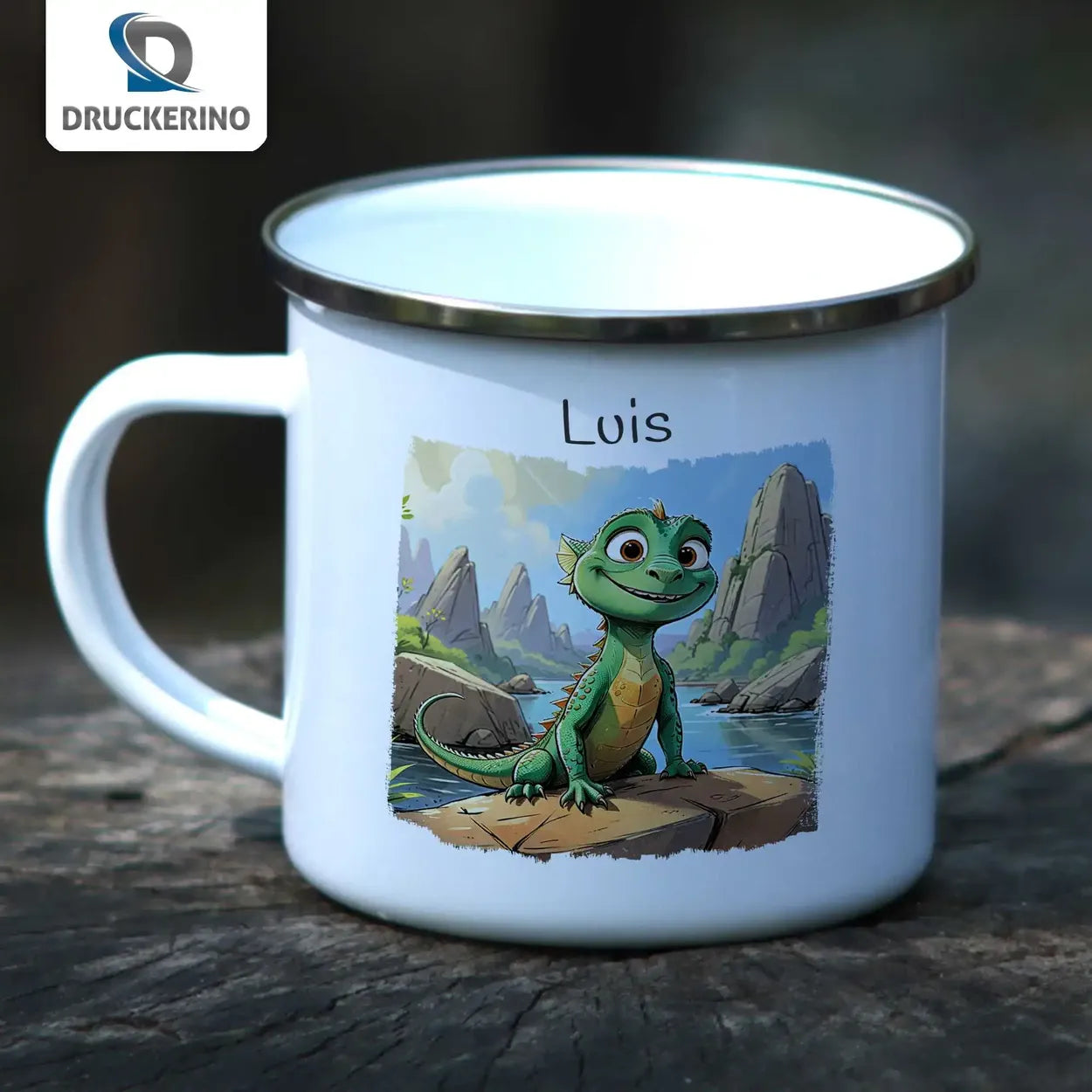 Abenteuerlustige Drachen Emaille Tasse für Kinder personalisiert Emailletasse Druckerino   