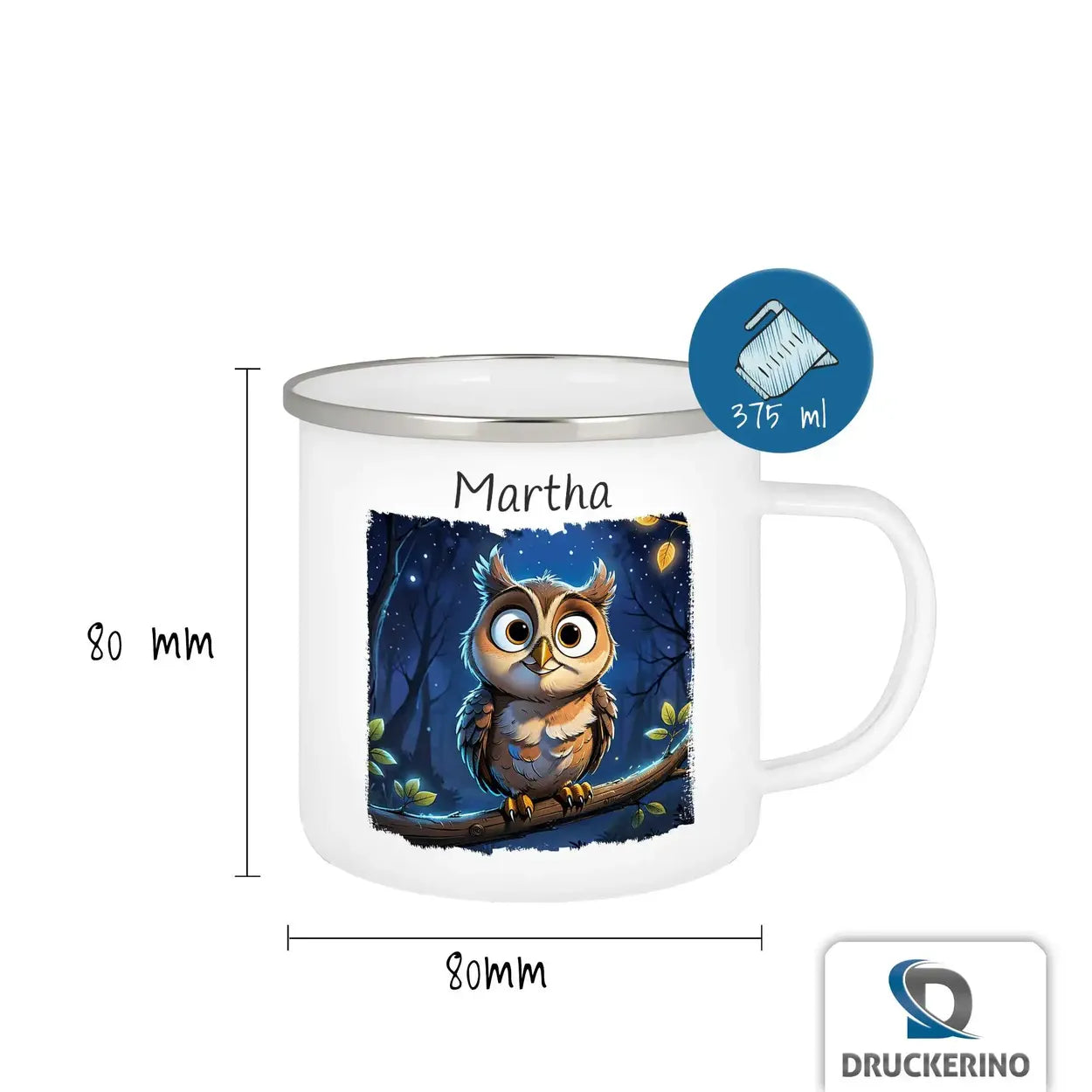 Personalisierte Kindertasse aus Emaille | Zauberwald-Nacht Eulen  | personalisierte Kindertassen | Einschulung Geschenk Emailletasse Druckerino   