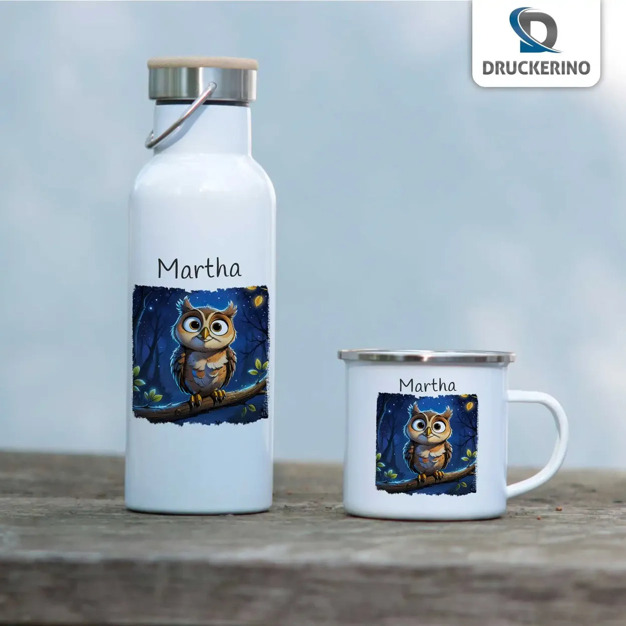 Personalisierte Kindertasse aus Emaille | Zauberwald-Nacht Eulen  | personalisierte Kindertassen | Einschulung Geschenk Emailletasse Druckerino   