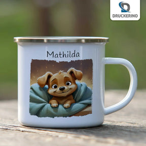 Personalisierte Kindertasse aus Emaille | Welpentraum | Emaille Tasse | Tierbilder  Geschenkidee Weihnachten