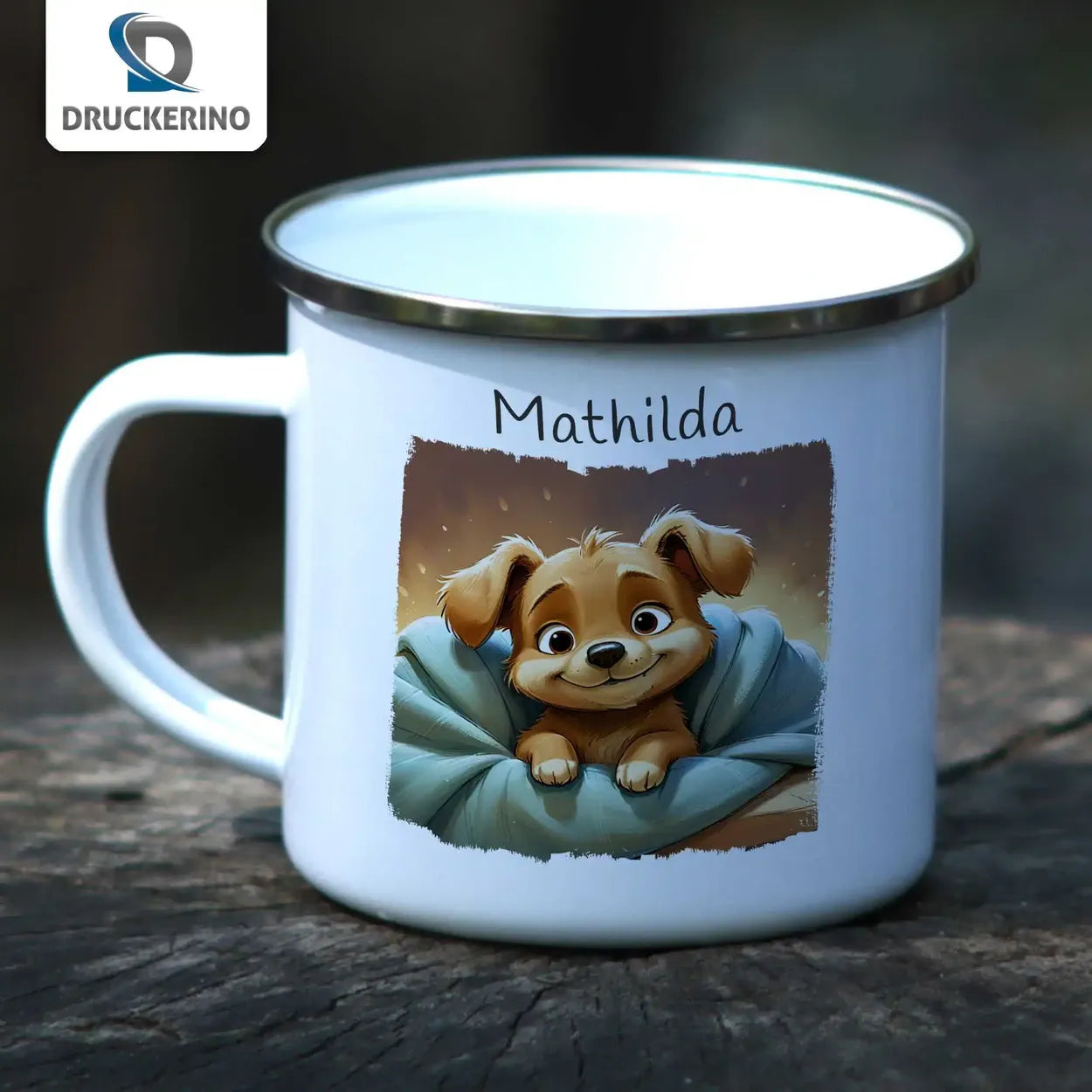 Personalisierte Kindertasse aus Emaille | Welpentraum | Emaille Tasse | Tierbilder  Geschenkidee Weihnachten