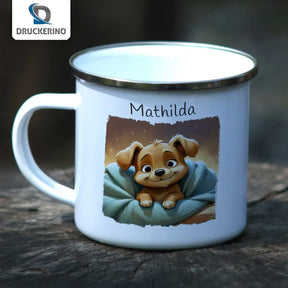 Personalisierte Kindertasse aus Emaille | Welpentraum | Emaille Tasse | Tierbilder  Geschenkidee Weihnachten