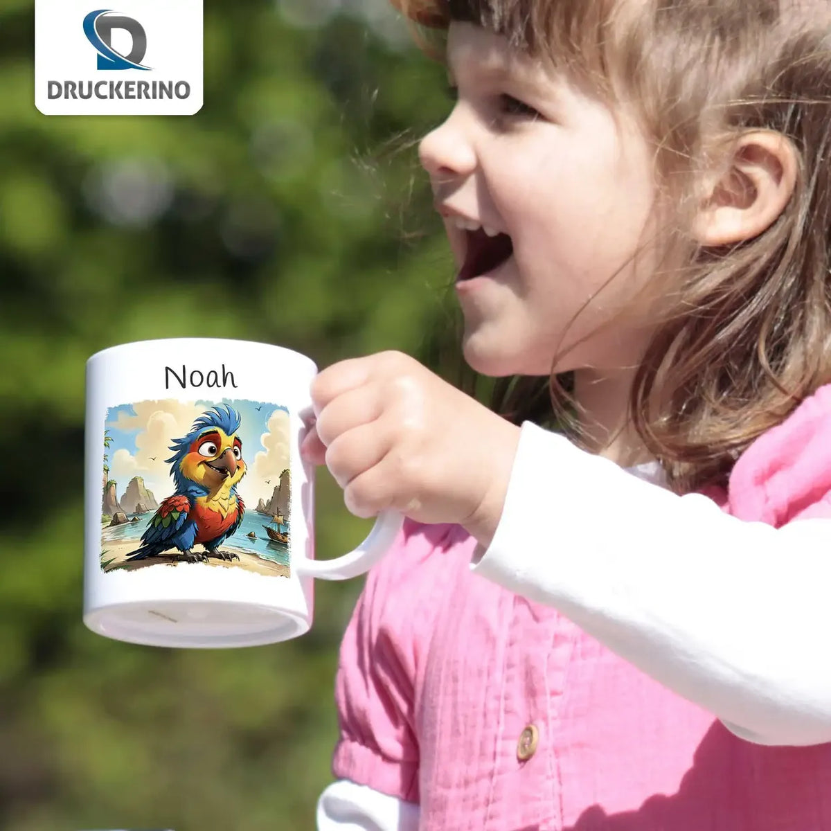 Tasse mit Namen | Abenteuer-Paradiesvogel | Tierbilder | personalisierte Tasse Kinder | 320ml Kunststofftassen Druckerino   