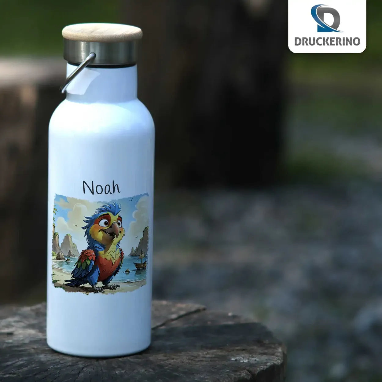 Abenteuer-Piratenpapagei Thermo Trinkflasche für Kinder personalisiert Thermoflasche Druckerino   