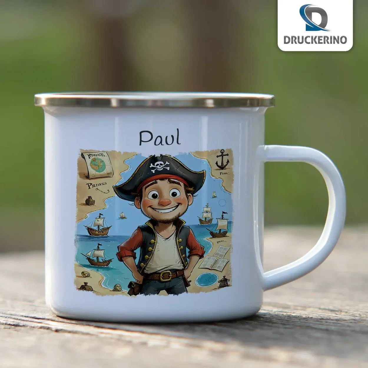 Abenteuer-Piratentasse Emaille Tasse für Kinder personalisiert Emailletasse Druckerino   