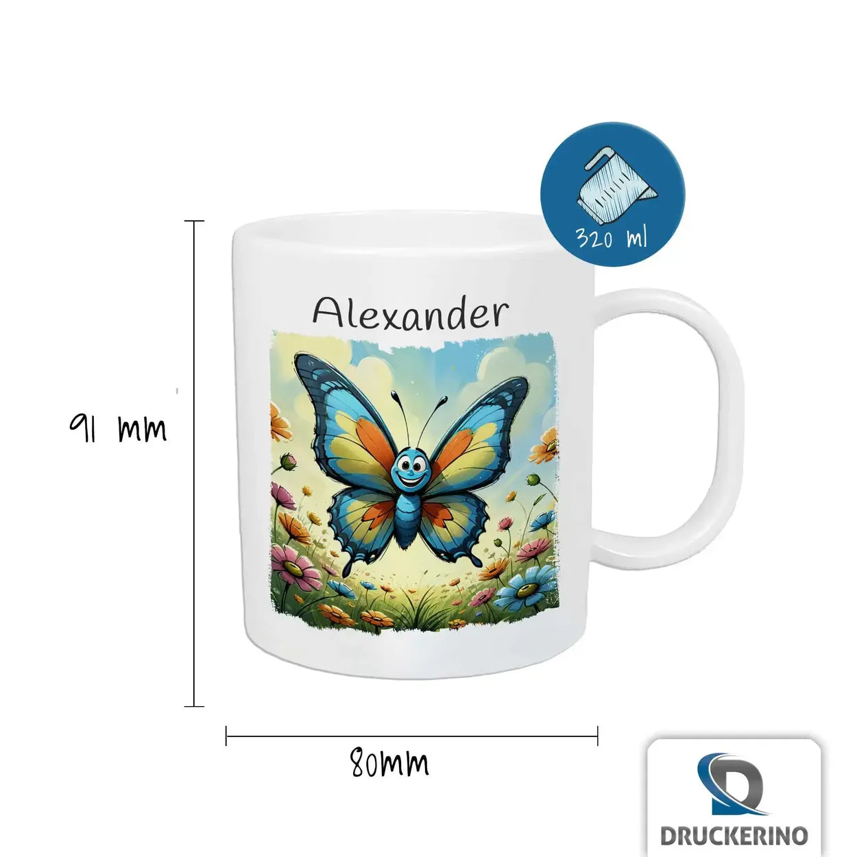 Kindertasse personalisiert | Schmetterlingswiese | Tasse für Kinder | Tassen mit Tiermotiv | 320ml Kunststofftassen Druckerino   