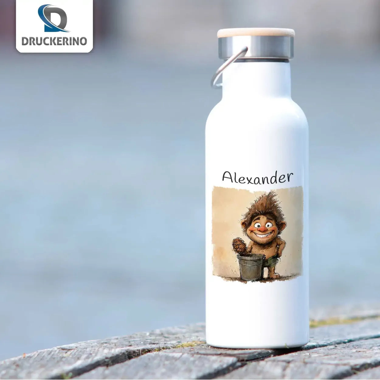 Abenteuerlustige Waldgeist-Thermo Trinkflasche für Kinder personalisiert Thermoflasche Druckerino   