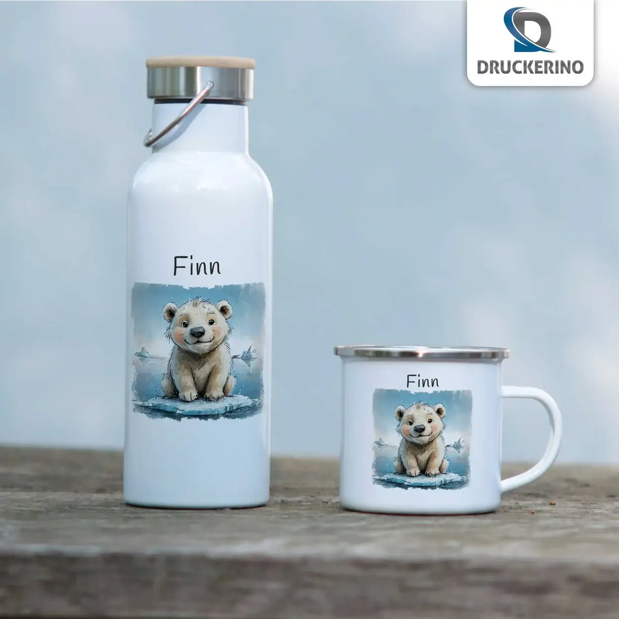 Abenteuer-Eisbär Emaille Tasse für Kinder personalisiert Emailletasse Druckerino   