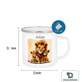 Personalisierte Kindertasse aus Emaille | Löwenfamilie | personalisierte Kindertassen | Einschulung Geschenk  Geschenkidee Weihnachten